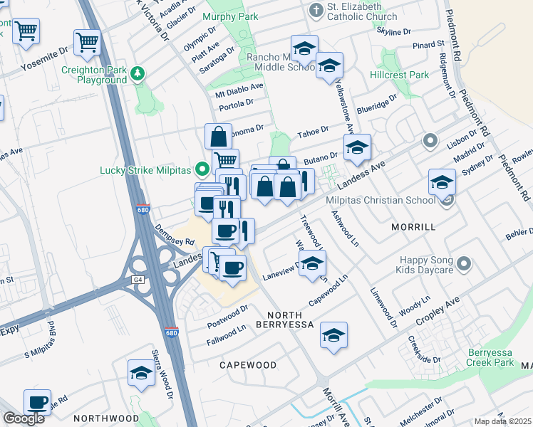 map of restaurants, bars, coffee shops, grocery stores, and more near 1350 South Park Victoria Drive in Milpitas