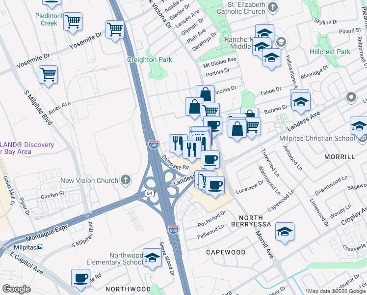 map of restaurants, bars, coffee shops, grocery stores, and more near 1430 Cuciz Lane in Milpitas