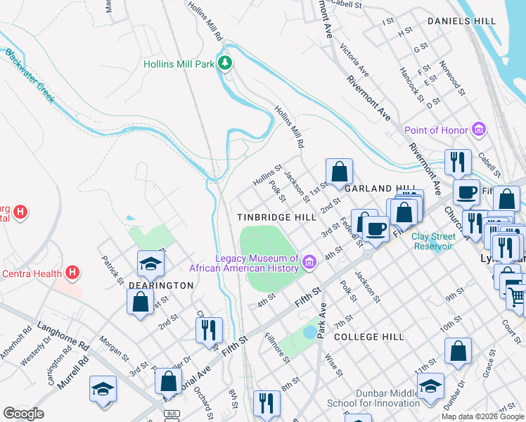 map of restaurants, bars, coffee shops, grocery stores, and more near in Lynchburg