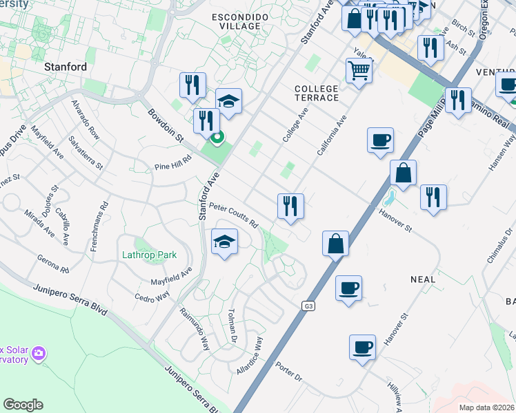map of restaurants, bars, coffee shops, grocery stores, and more near 2256 Bowdoin Street in Palo Alto