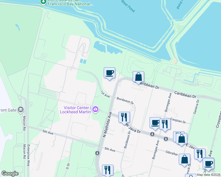 map of restaurants, bars, coffee shops, grocery stores, and more near 701 1st Ave in Sunnyvale