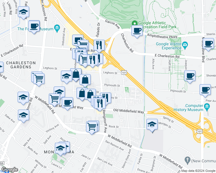 map of restaurants, bars, coffee shops, grocery stores, and more near 2066 Plymouth Street in Mountain View