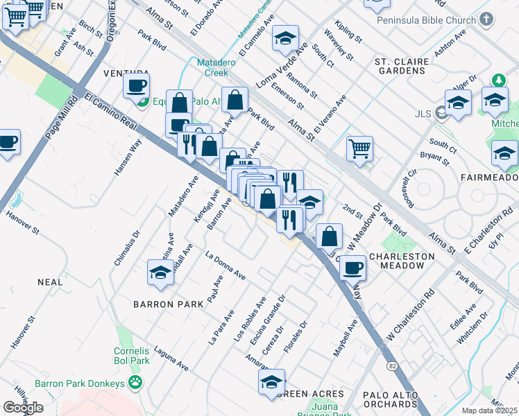 map of restaurants, bars, coffee shops, grocery stores, and more near 3795 La Selva Drive in Palo Alto