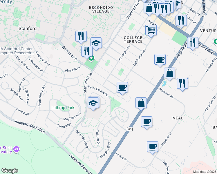 map of restaurants, bars, coffee shops, grocery stores, and more near 2256 Bowdoin Street in Palo Alto