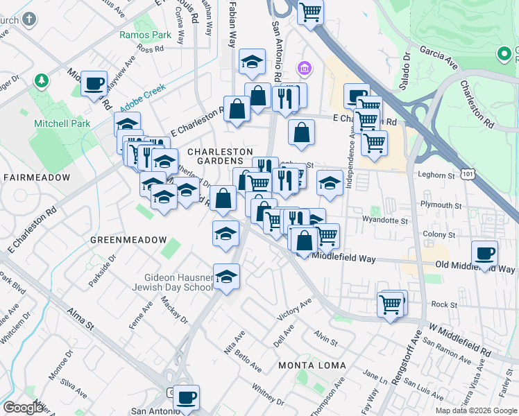 map of restaurants, bars, coffee shops, grocery stores, and more near 720 San Antonio Road in Palo Alto