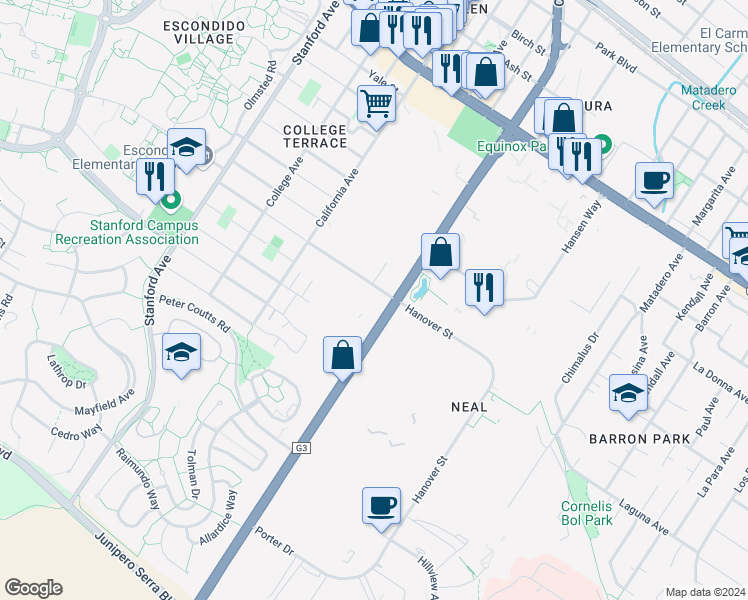 map of restaurants, bars, coffee shops, grocery stores, and more near 1400 Page Mill Road in Palo Alto