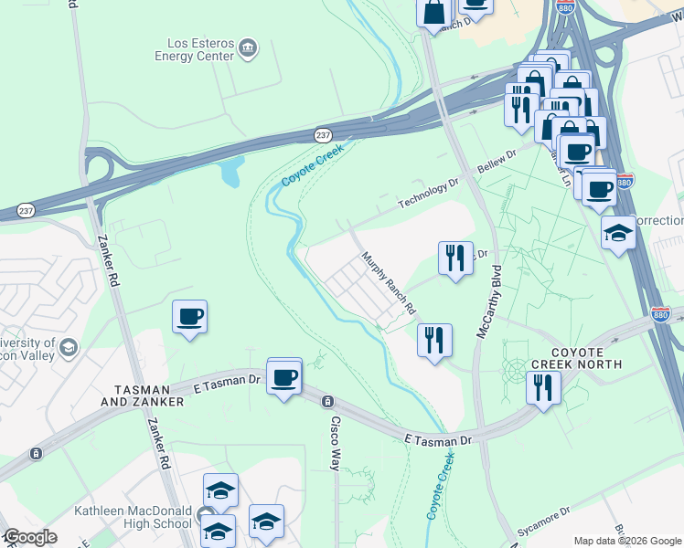 map of restaurants, bars, coffee shops, grocery stores, and more near 1216 Creekside Way in Milpitas