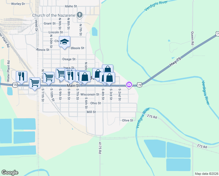 map of restaurants, bars, coffee shops, grocery stores, and more near 300-348 Main Street in Neodesha