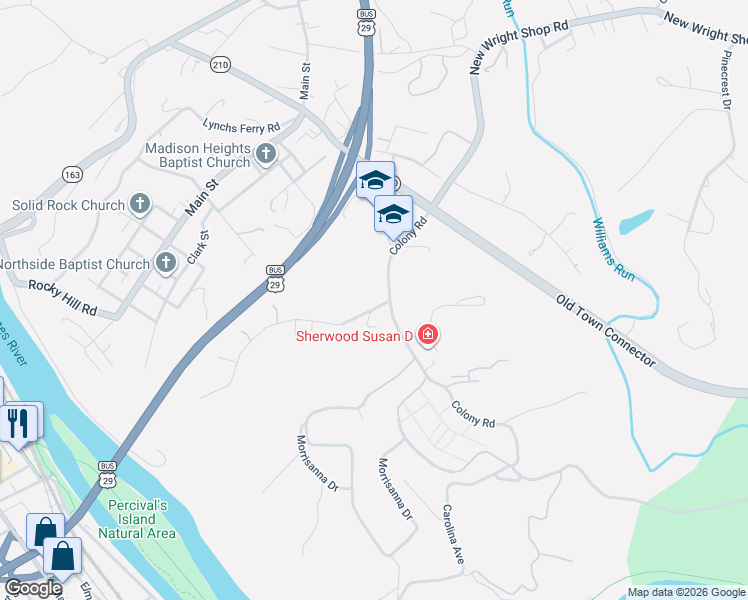 map of restaurants, bars, coffee shops, grocery stores, and more near 112 Sunset Drive in Madison Heights