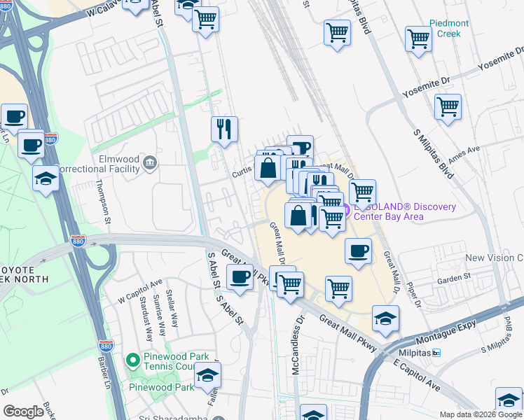 map of restaurants, bars, coffee shops, grocery stores, and more near 59 Wind Song in Milpitas