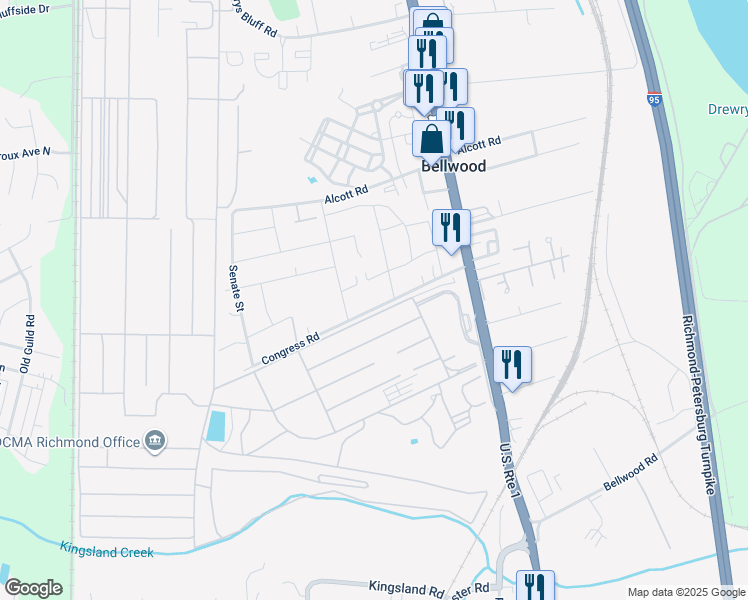 map of restaurants, bars, coffee shops, grocery stores, and more near 2812 Congress Road in Richmond