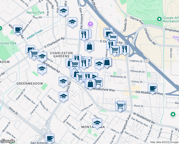 map of restaurants, bars, coffee shops, grocery stores, and more near 2550 Wyandotte Street in Mountain View