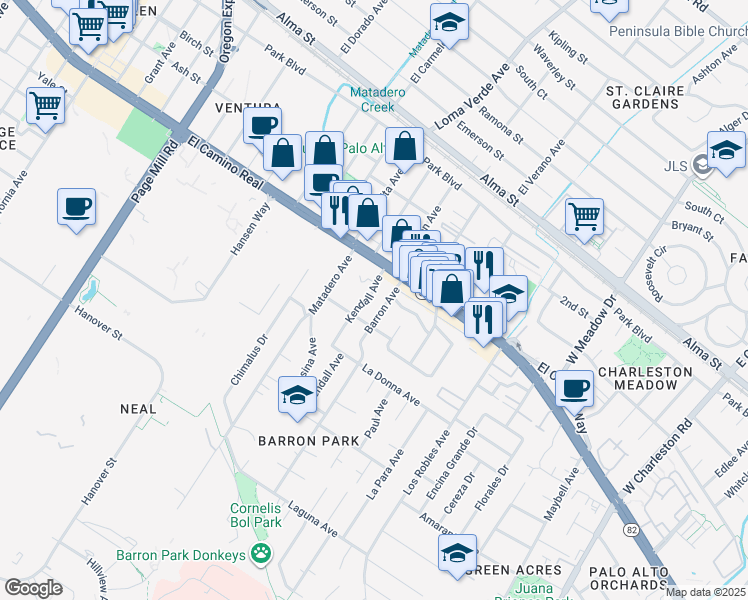 map of restaurants, bars, coffee shops, grocery stores, and more near 516 Barron Avenue in Palo Alto