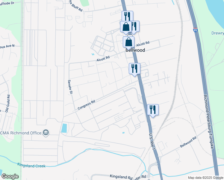 map of restaurants, bars, coffee shops, grocery stores, and more near 2812 Congress Road in Richmond