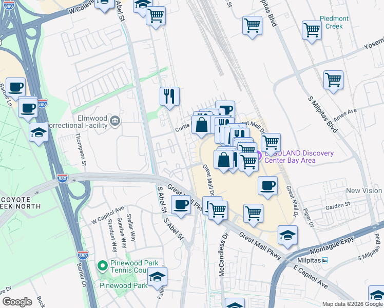 map of restaurants, bars, coffee shops, grocery stores, and more near 37 Rain Walk in Milpitas