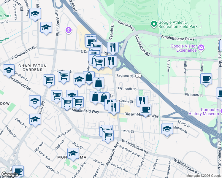 map of restaurants, bars, coffee shops, grocery stores, and more near 898 Rengstorff Avenue in Mountain View