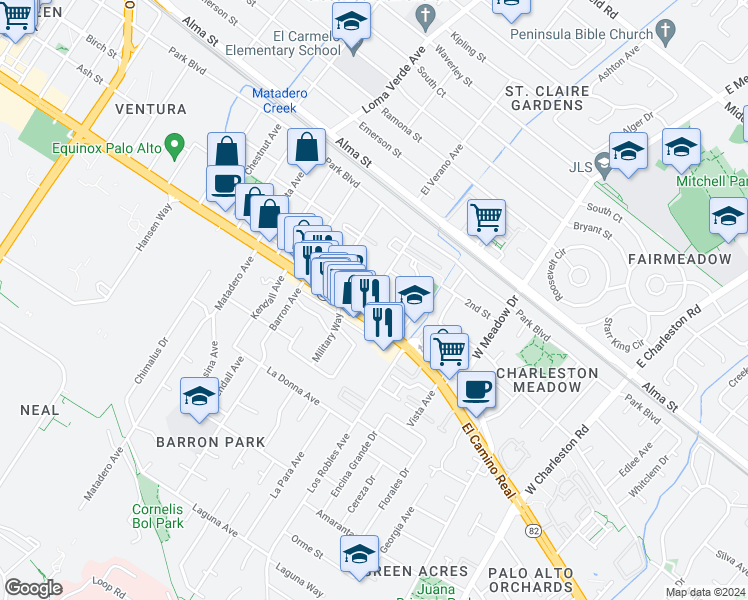 map of restaurants, bars, coffee shops, grocery stores, and more near in Palo Alto