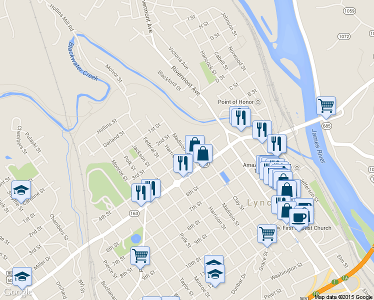 map of restaurants, bars, coffee shops, grocery stores, and more near 312 Madison Street in Lynchburg