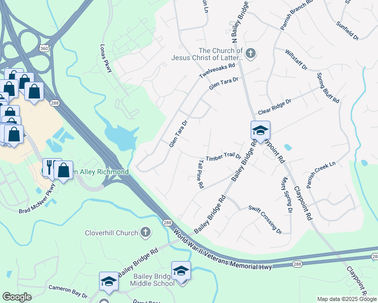 map of restaurants, bars, coffee shops, grocery stores, and more near 12118 Timber Trail Drive in Midlothian