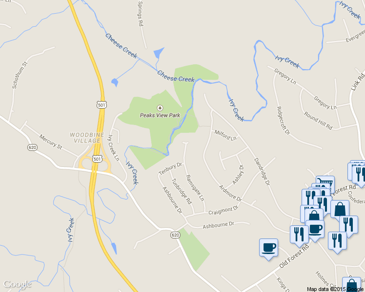 map of restaurants, bars, coffee shops, grocery stores, and more near 1509 Ramsgate Lane in Lynchburg
