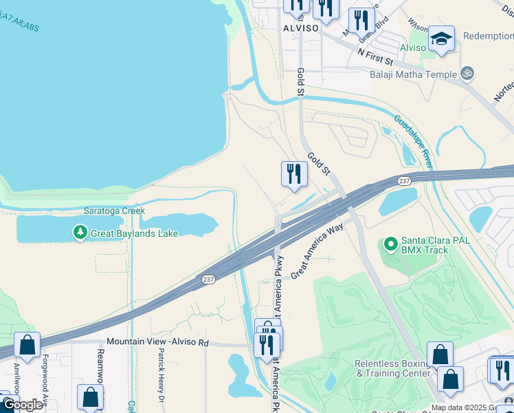 map of restaurants, bars, coffee shops, grocery stores, and more near 6001 America Center Drive in San Jose