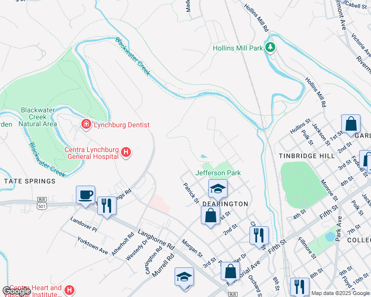 map of restaurants, bars, coffee shops, grocery stores, and more near 608 North York Street in Lynchburg