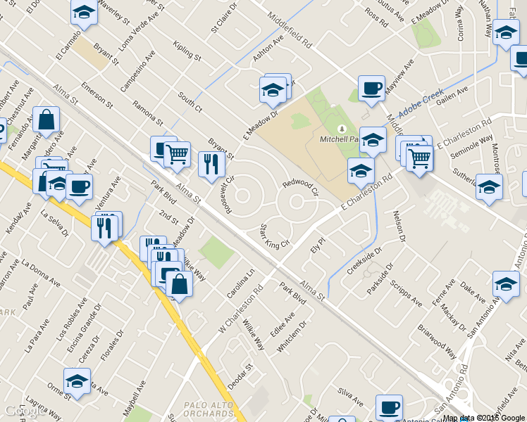 map of restaurants, bars, coffee shops, grocery stores, and more near 8 Roosevelt Circle in Palo Alto