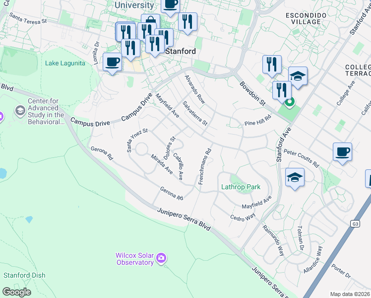 map of restaurants, bars, coffee shops, grocery stores, and more near 681 San Juan Street in Stanford