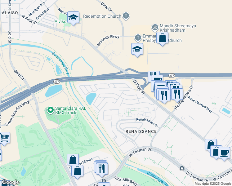 map of restaurants, bars, coffee shops, grocery stores, and more near 404 Pinefield Road in San Jose