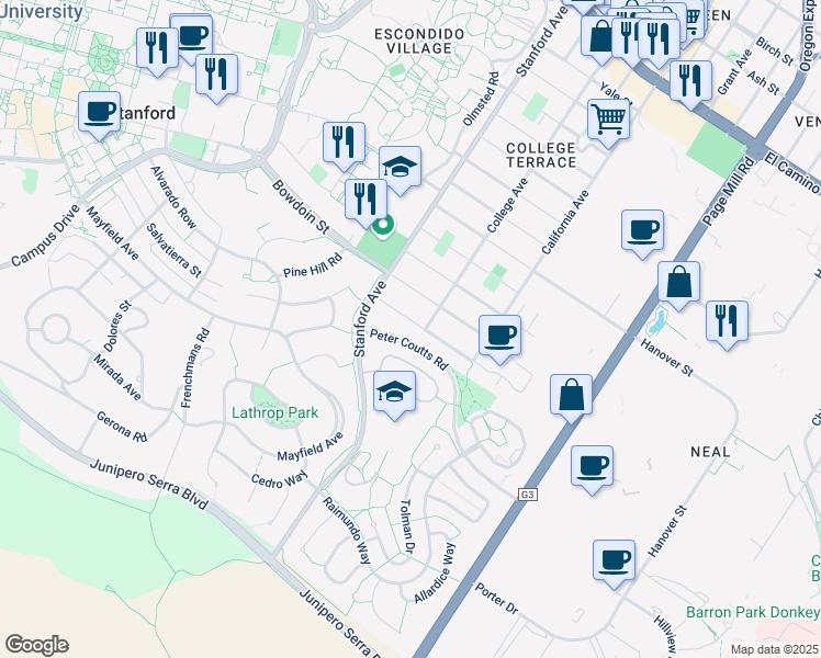 map of restaurants, bars, coffee shops, grocery stores, and more near 2170 Amherst Street in Palo Alto