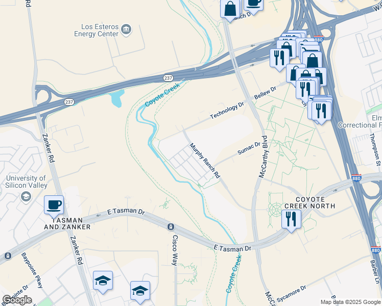 map of restaurants, bars, coffee shops, grocery stores, and more near 1213 Coyote Creek Way in Milpitas