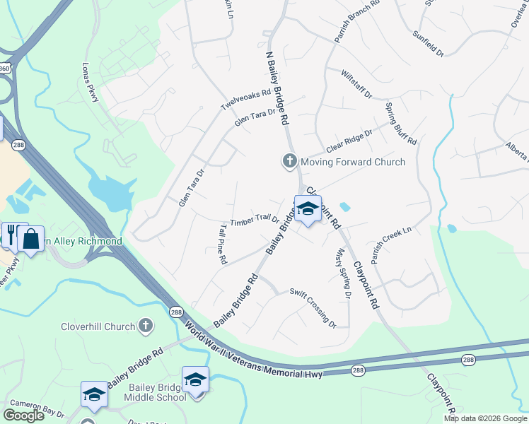 map of restaurants, bars, coffee shops, grocery stores, and more near 11916 Timber Trail Drive in Midlothian