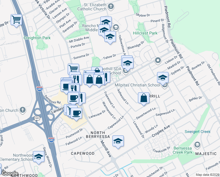 map of restaurants, bars, coffee shops, grocery stores, and more near 3218 Landess Avenue in San Jose