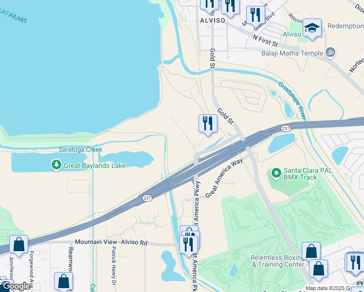 map of restaurants, bars, coffee shops, grocery stores, and more near 6001 Great America Parkway in Sunnyvale