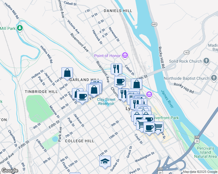 map of restaurants, bars, coffee shops, grocery stores, and more near 503 Church Street in Lynchburg
