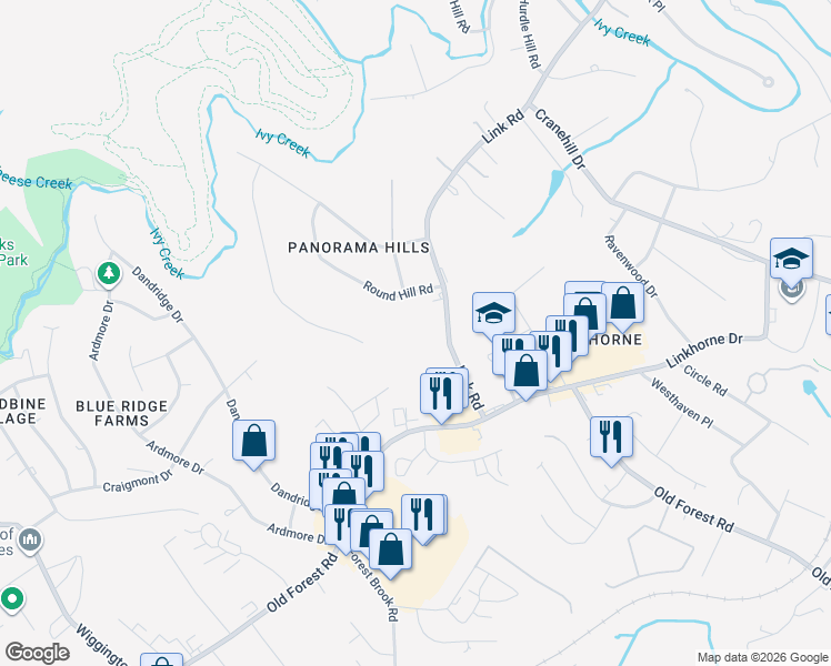 map of restaurants, bars, coffee shops, grocery stores, and more near 3101 Link Road in Lynchburg