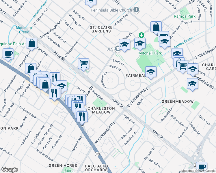 map of restaurants, bars, coffee shops, grocery stores, and more near 27 Roosevelt Circle in Palo Alto
