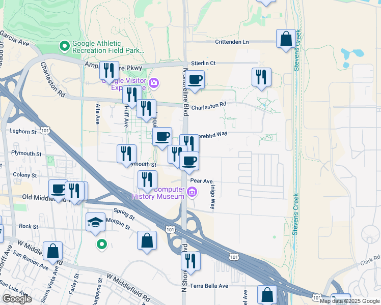 map of restaurants, bars, coffee shops, grocery stores, and more near 1675 North Shoreline Boulevard in Mountain View