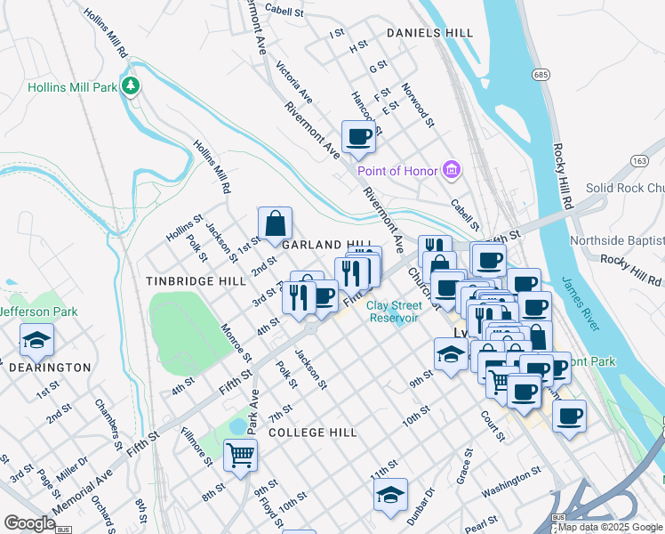 map of restaurants, bars, coffee shops, grocery stores, and more near 312 Madison Street in Lynchburg