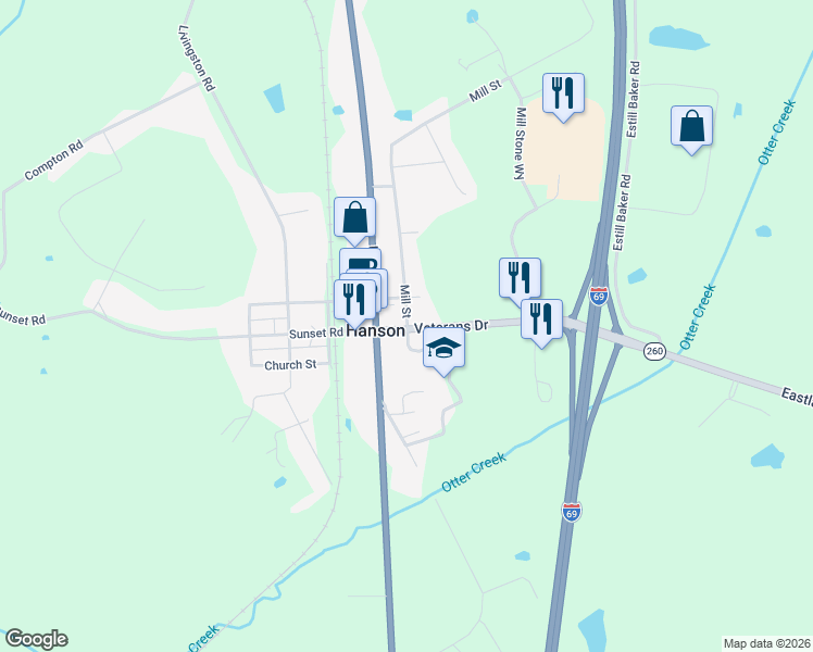 map of restaurants, bars, coffee shops, grocery stores, and more near 1-51 Mill Street in Hanson