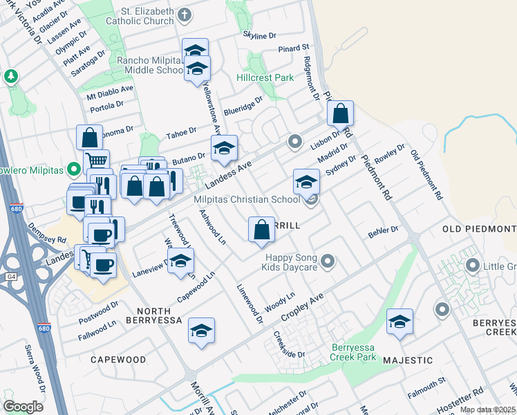 map of restaurants, bars, coffee shops, grocery stores, and more near 2144 Corktree Lane in San Jose