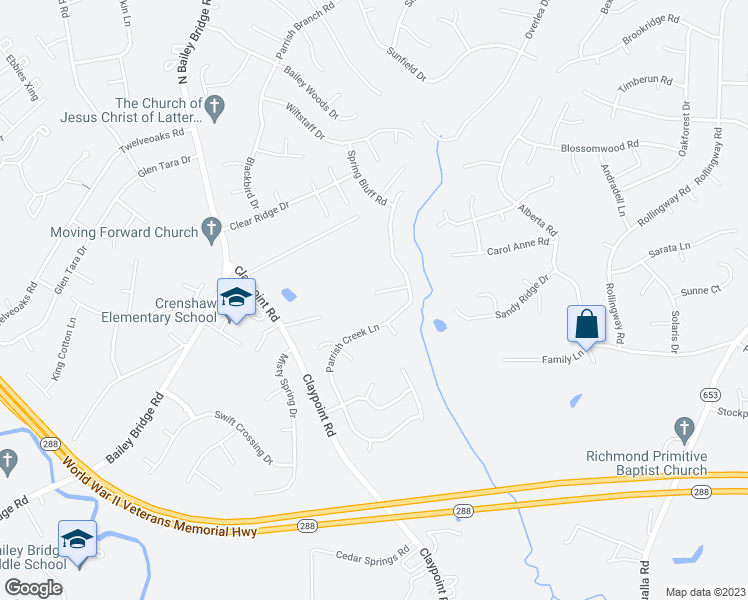 map of restaurants, bars, coffee shops, grocery stores, and more near 5200 Parrish Creek Drive in Midlothian