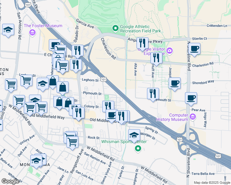 map of restaurants, bars, coffee shops, grocery stores, and more near 1906 Plymouth Street in Mountain View