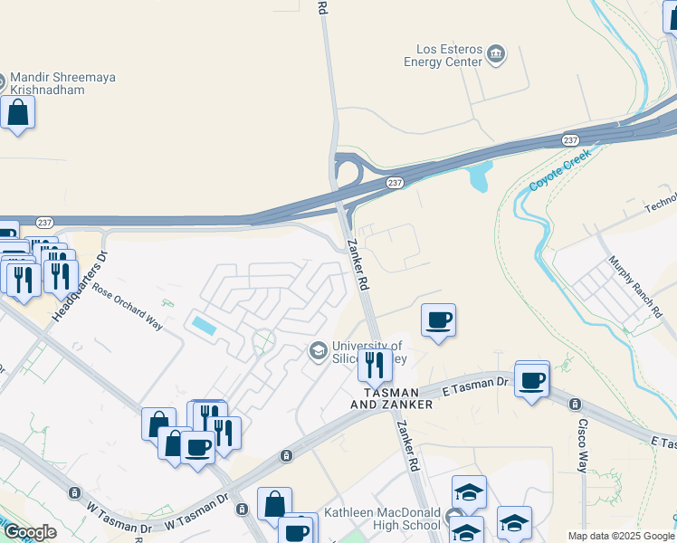 map of restaurants, bars, coffee shops, grocery stores, and more near 821 Spindrift Avenue in San Jose