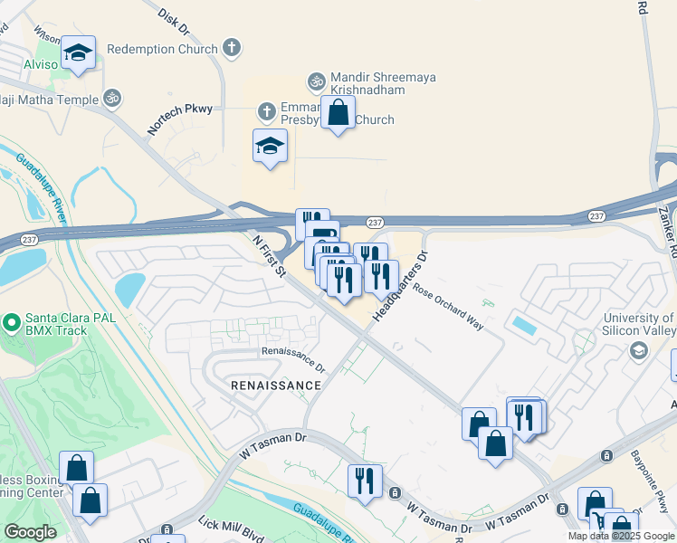 map of restaurants, bars, coffee shops, grocery stores, and more near 95 Holger Way in San Jose