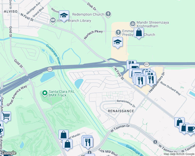 map of restaurants, bars, coffee shops, grocery stores, and more near 407 Pinefield Road in San Jose
