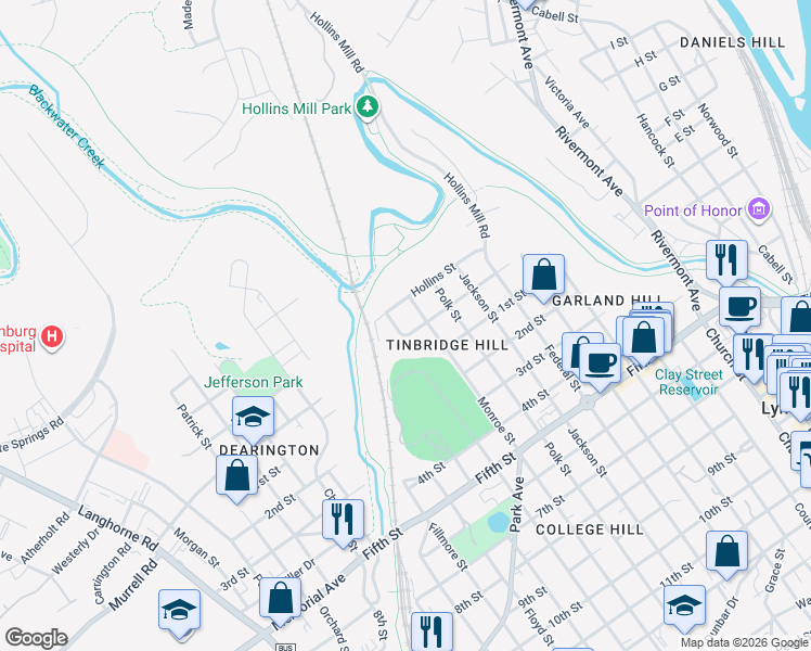 map of restaurants, bars, coffee shops, grocery stores, and more near 68 Taylor Street in Lynchburg