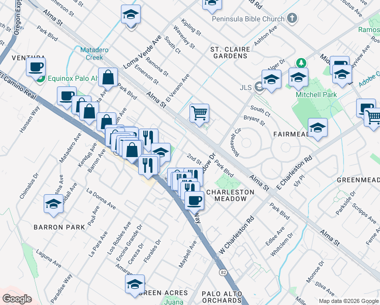 map of restaurants, bars, coffee shops, grocery stores, and more near 4033 2nd Street in Palo Alto