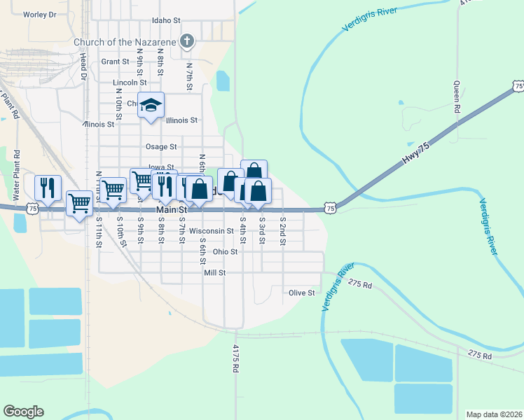 map of restaurants, bars, coffee shops, grocery stores, and more near 300 Main Street in Neodesha
