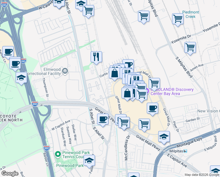 map of restaurants, bars, coffee shops, grocery stores, and more near 37 Rain Walk in Milpitas